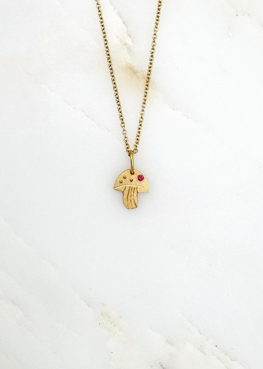 Julez Bryant fine jewelry 14k yellow gold pink sapphire Teeny Tiny Mushy Mushroom Charm Necklace