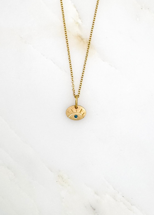Julez Bryant fine jewelry 14k yellow teal diamond Teeny Eye Charm Necklace