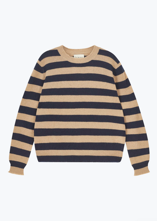 Jumper1234 Cashmere Stripe Distressed Crew in Stone and Navy