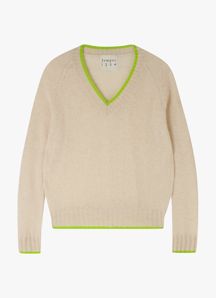 Jumper 1234 Cashmere Contrast Tip Vee Sweater