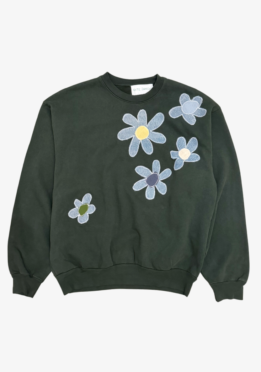 Kate Sando One-of-a-Kind Scattered Flower Sweatshirt in Green