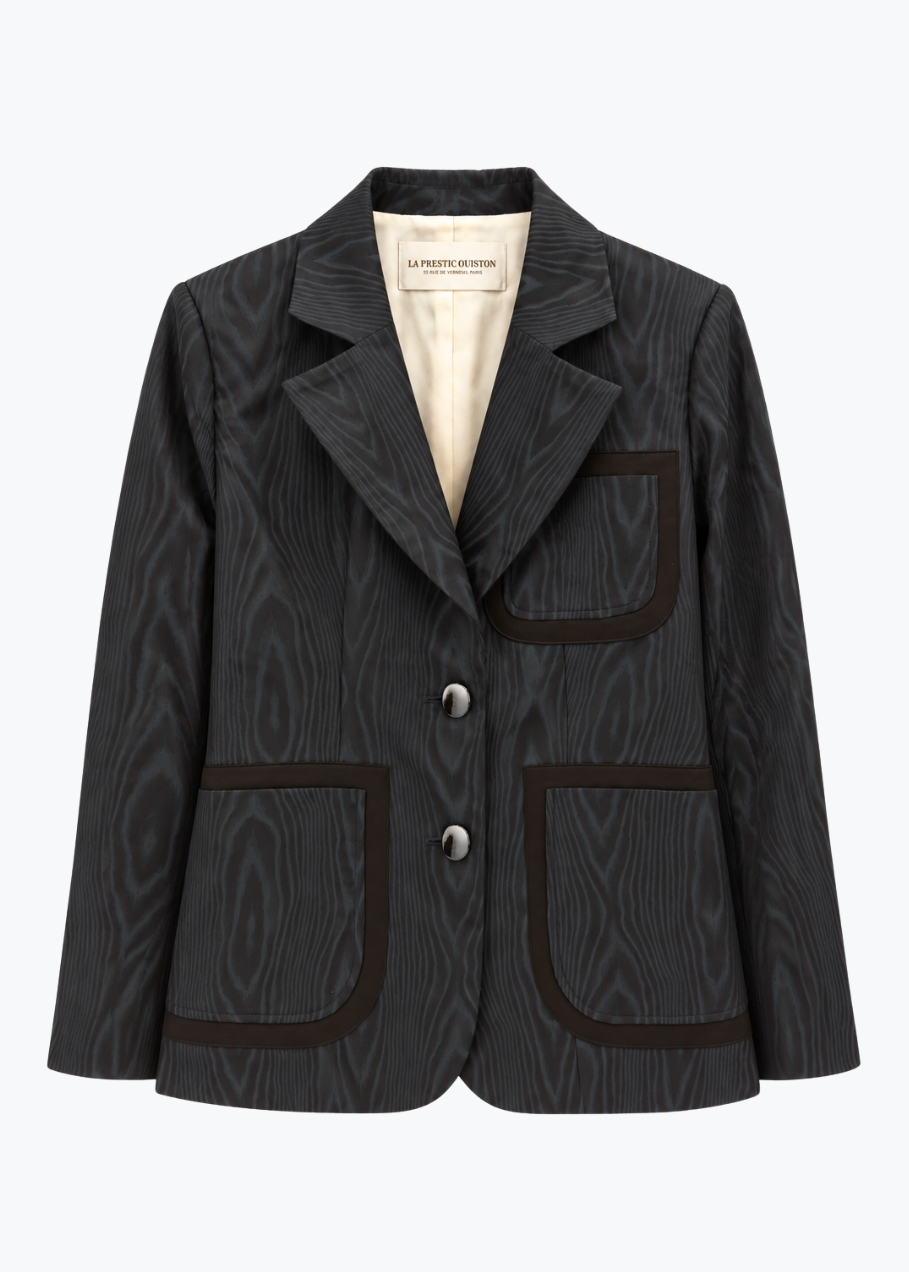 LA PRESTIC OUISTON womens Patched Pocket 1970 blazer Jacket in Moire satin black Noir