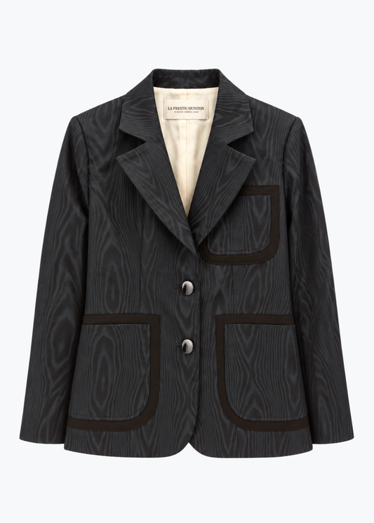 LA PRESTIC OUISTON womens Patched Pocket 1970 blazer Jacket in Moire satin black Noir