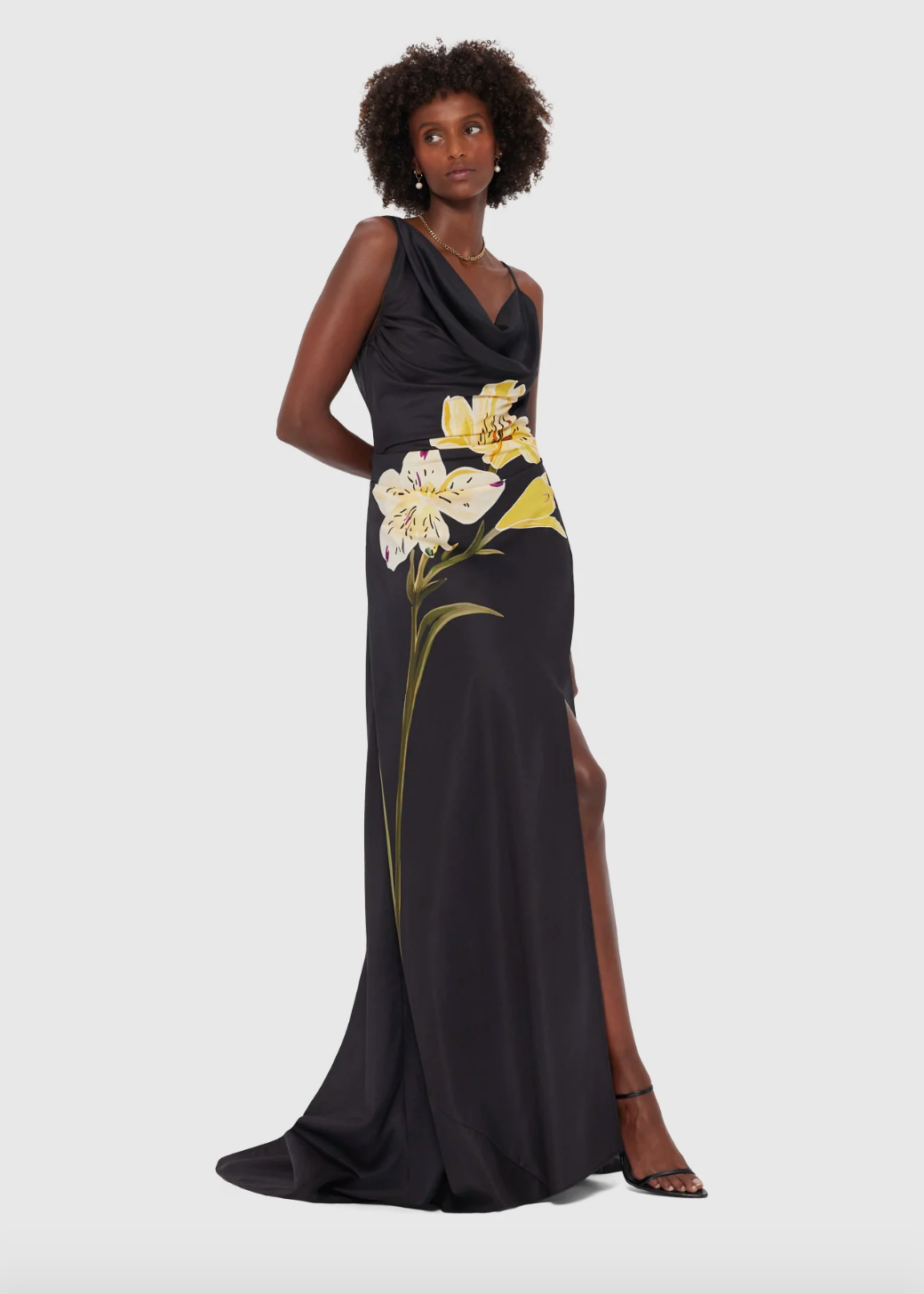 Person wearing LEO LIN Esme Gown in Ebony with floral design