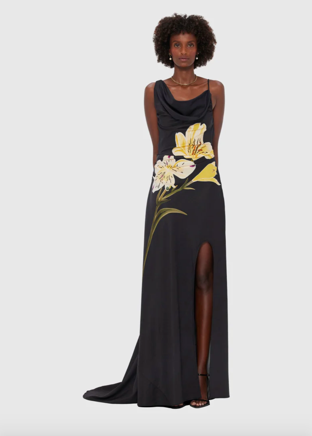 Person wearing LEO LIN Esme Gown in Ebony with floral design