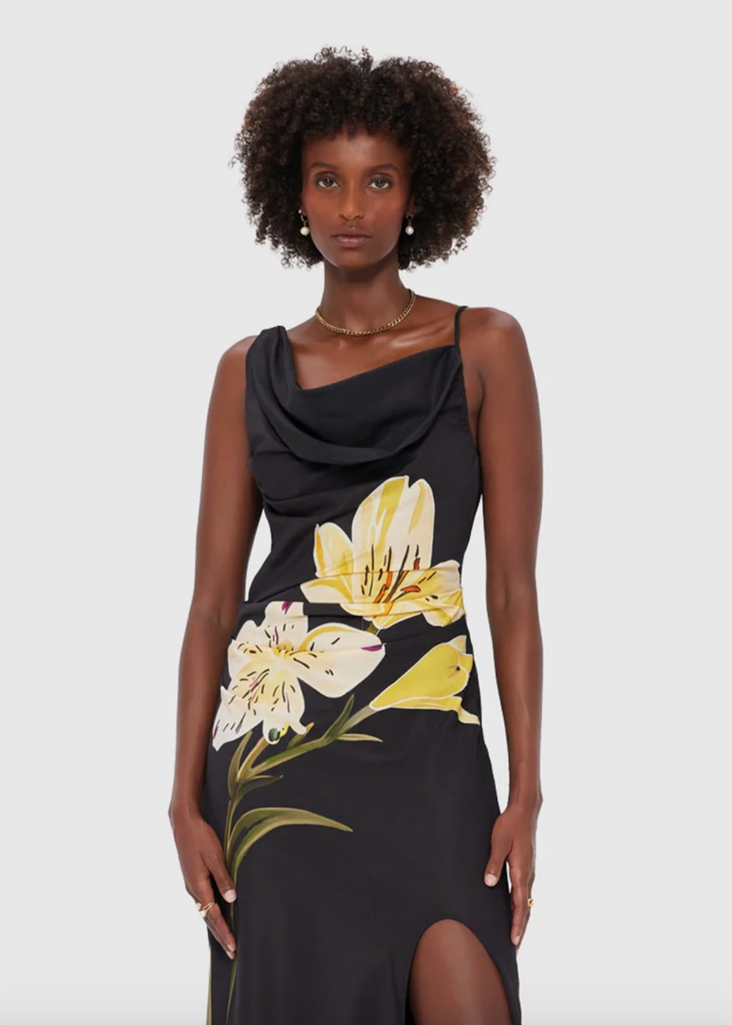 Person wearing LEO LIN Esme Gown in Ebony with floral design