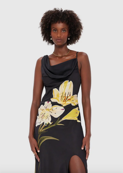 Person wearing LEO LIN Esme Gown in Ebony with floral design