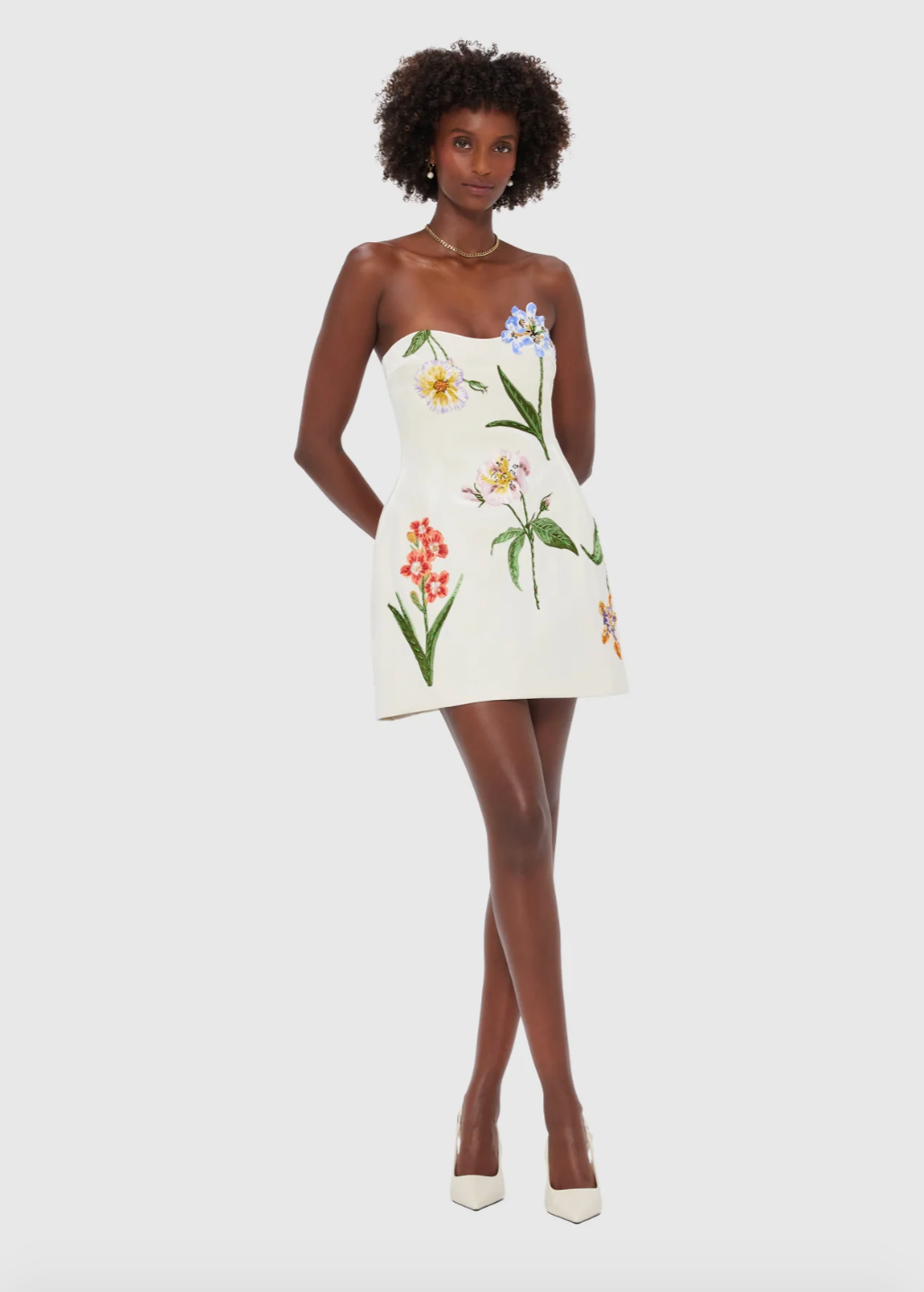 Person wearing LEO LIN Rosario Velvet Mini Dress Botanical Print Snow White