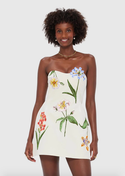 Person wearing LEO LIN Rosario Velvet Mini Dress Botanical Print Snow White