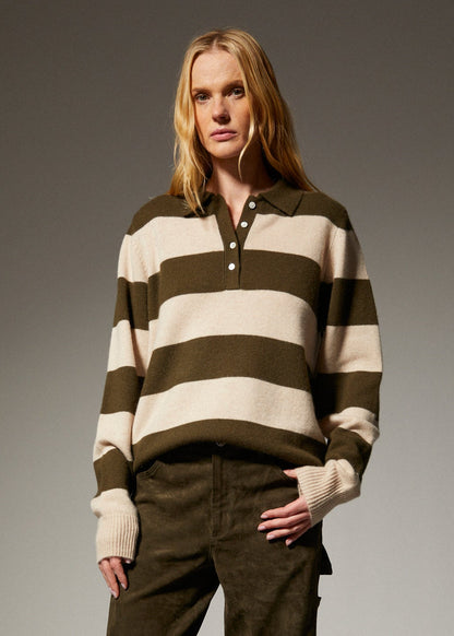 person wearing sprwmn Cashmere Polo Sweater in Olive Stripe