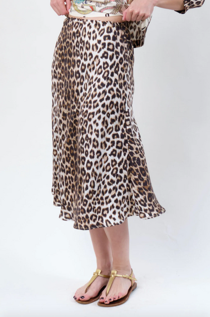 Person wearing La Prestic Ouiston womens Silk Twill Nola Panther Midi Skirt