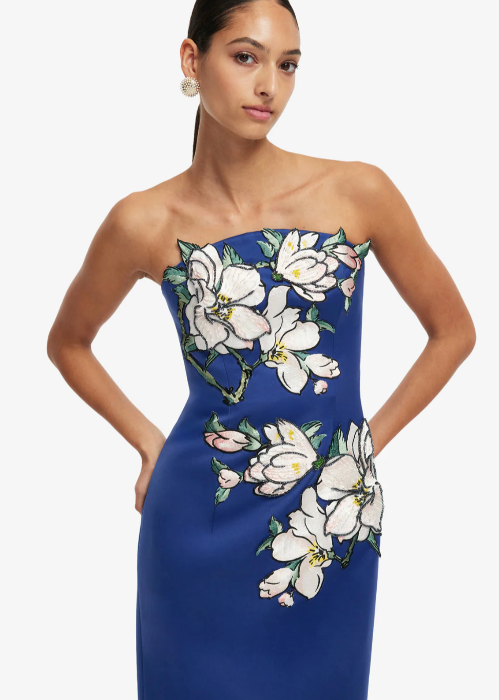 Person wearing Leo Lin Ava Appliqué Floral Bustier Maxi Dress Midnight Blue