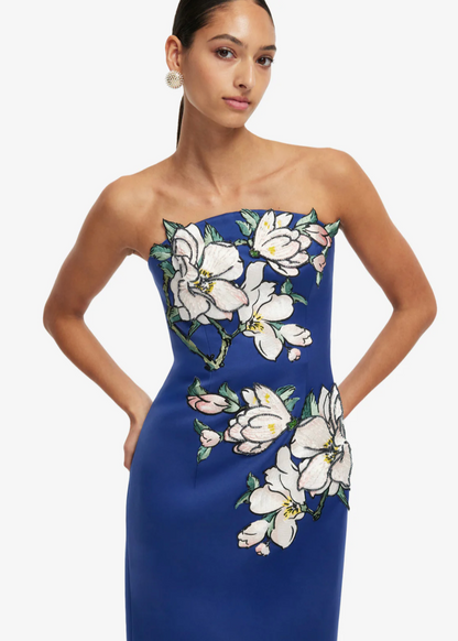 Person wearing Leo Lin Ava Appliqué Floral Bustier Maxi Dress Midnight Blue