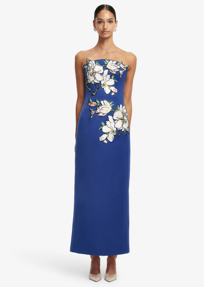 Person wearing Leo Lin Ava Appliqué Floral Bustier Maxi Dress Midnight Blue
