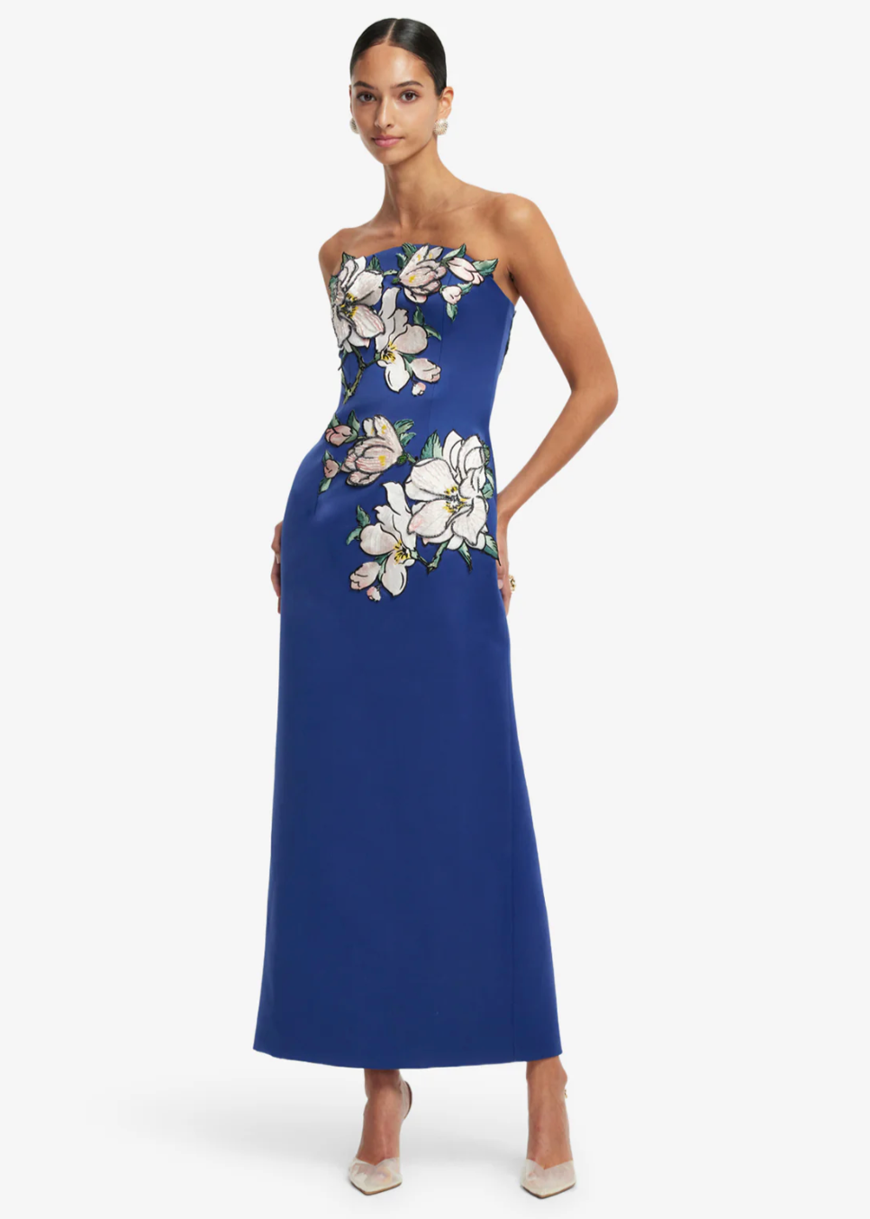 Person wearing Leo Lin Ava Appliqué Floral Bustier Maxi Dress Midnight Blue