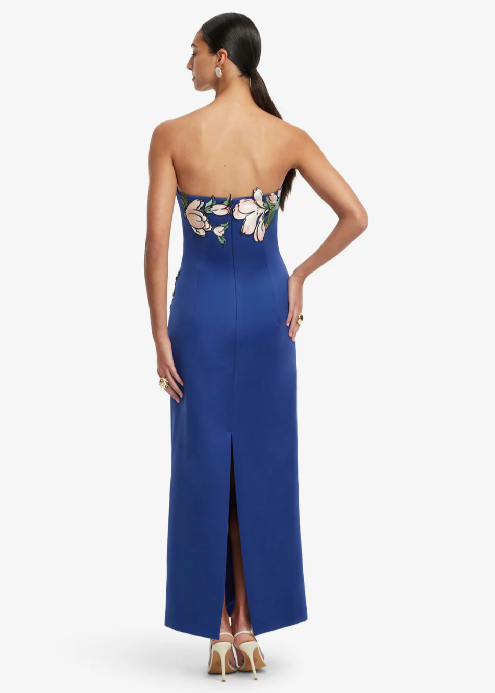 Person wearing Leo Lin Ava Appliqué Floral Bustier Maxi Dress Midnight Blue