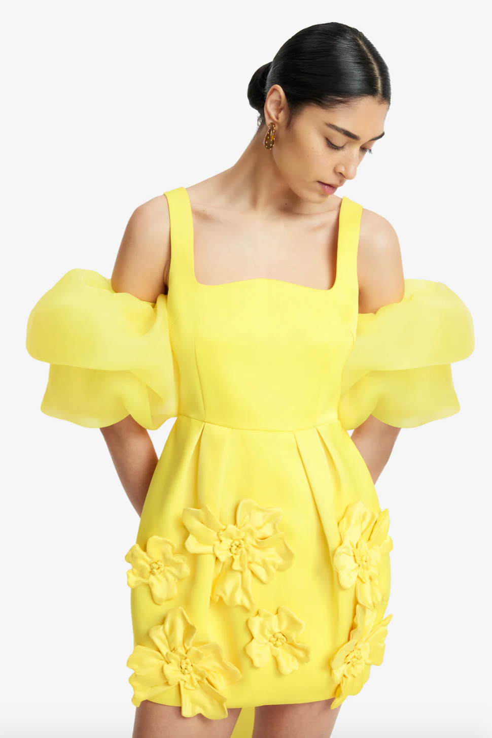 Person wearing Leo Lin Piper Appliqué Mini Dress & Cape Set Sunshine Yellow