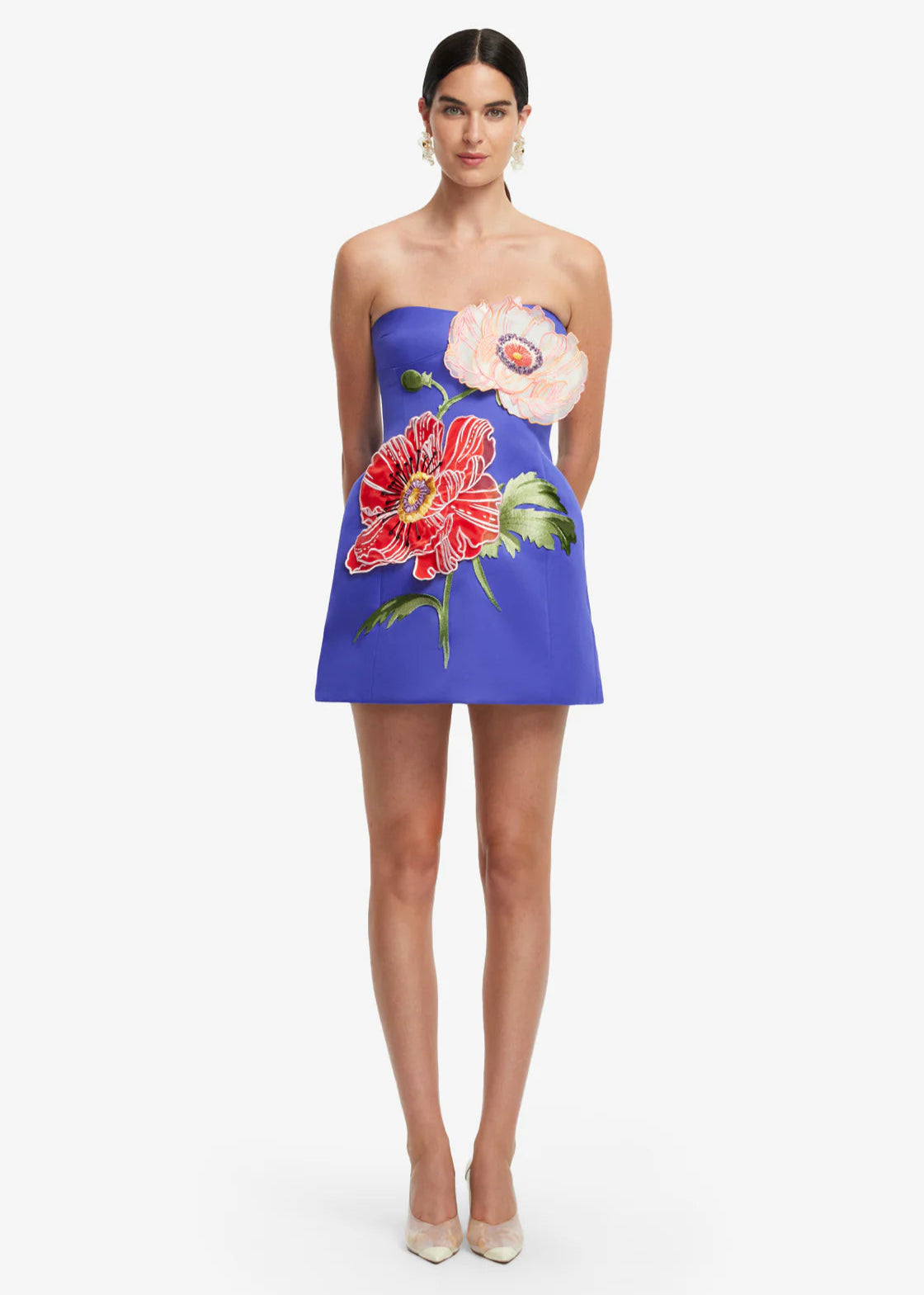 Person wearing Leo Lin Rosario Appliqué Floral Bustier Mini Dress