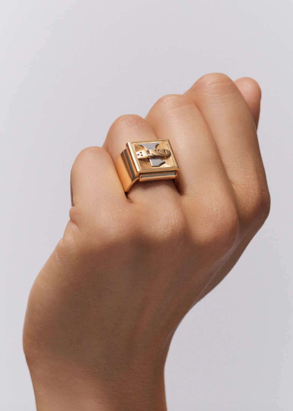 Person wearing Marie Lichtenberg fine jewelry 18k yellow and white gold Small Buck Ring