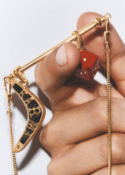 Marie Lichtenberg fine jewelry 18k yellow gold Karma Boomerang Pendant with Ebony and Jasper Dado Pendant 11mm