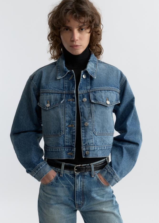 person wearing NILI LOTAN womens Clement Denim Jacket in Rosebowl Wash