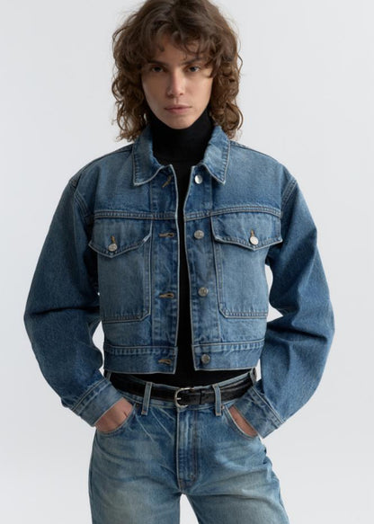 person wearing NILI LOTAN womens Clement Denim Jacket in Rosebowl Wash