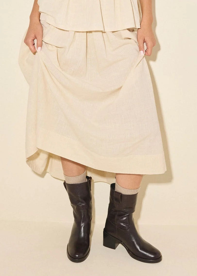 person wearing Nan Boot Mid Heel Pull On Bootie Redwood Buffalo Leather