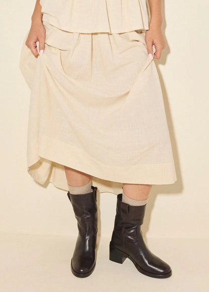 person wearing Nan Boot Mid Heel Pull On Bootie Redwood Buffalo Leather