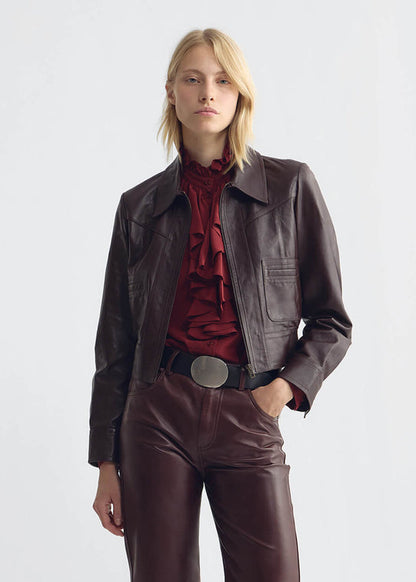 person wearing Nili lotan womens Charly Leather Jacket bordeaux