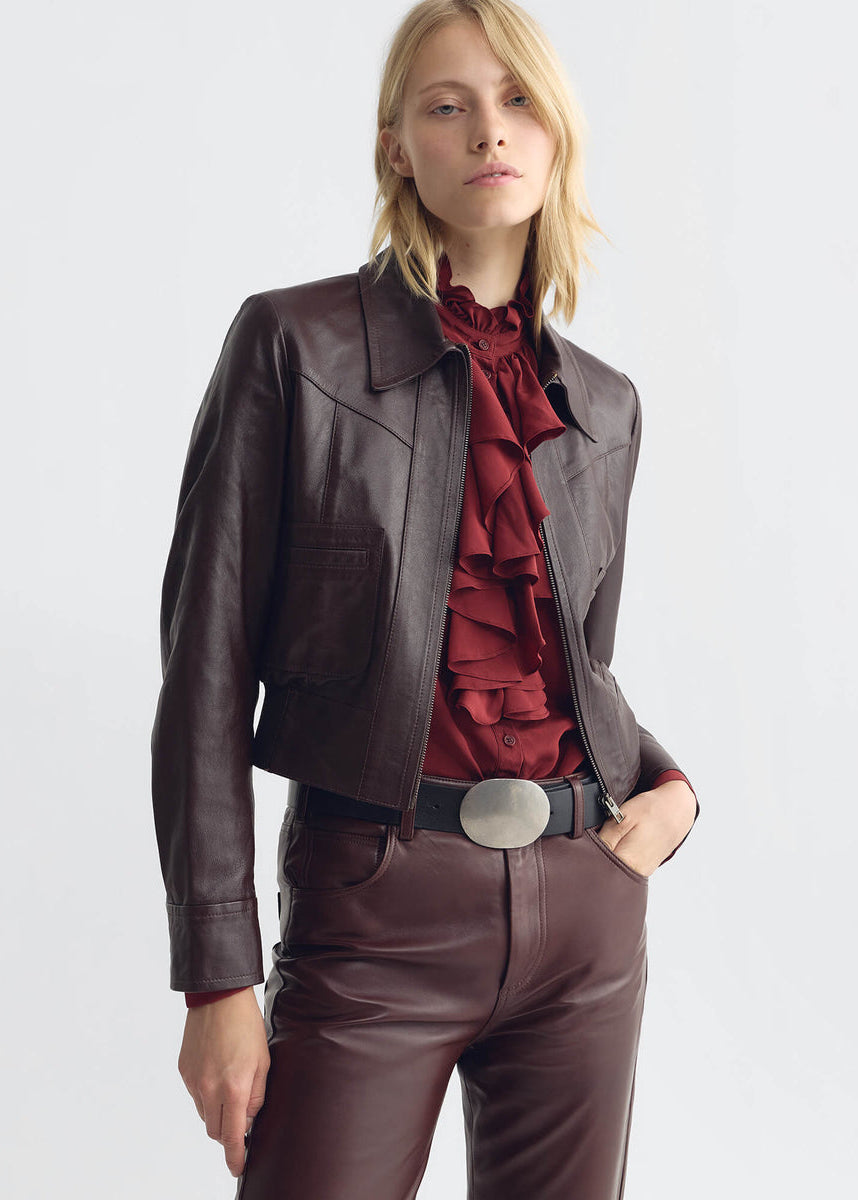 person wearing Nili lotan womens Charly Leather Jacket bordeaux