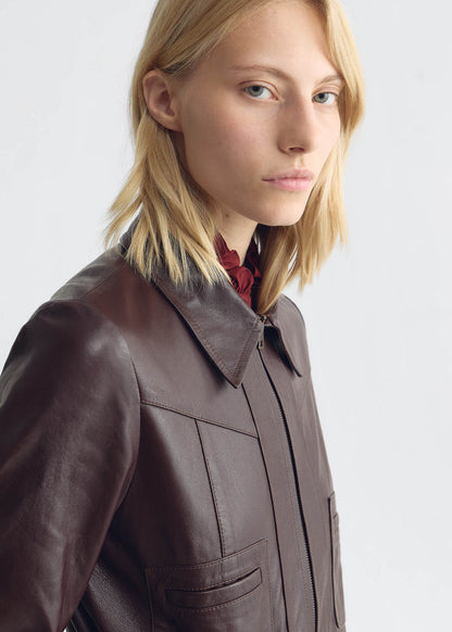 person wearing Nili lotan womens Charly Leather Jacket bordeaux