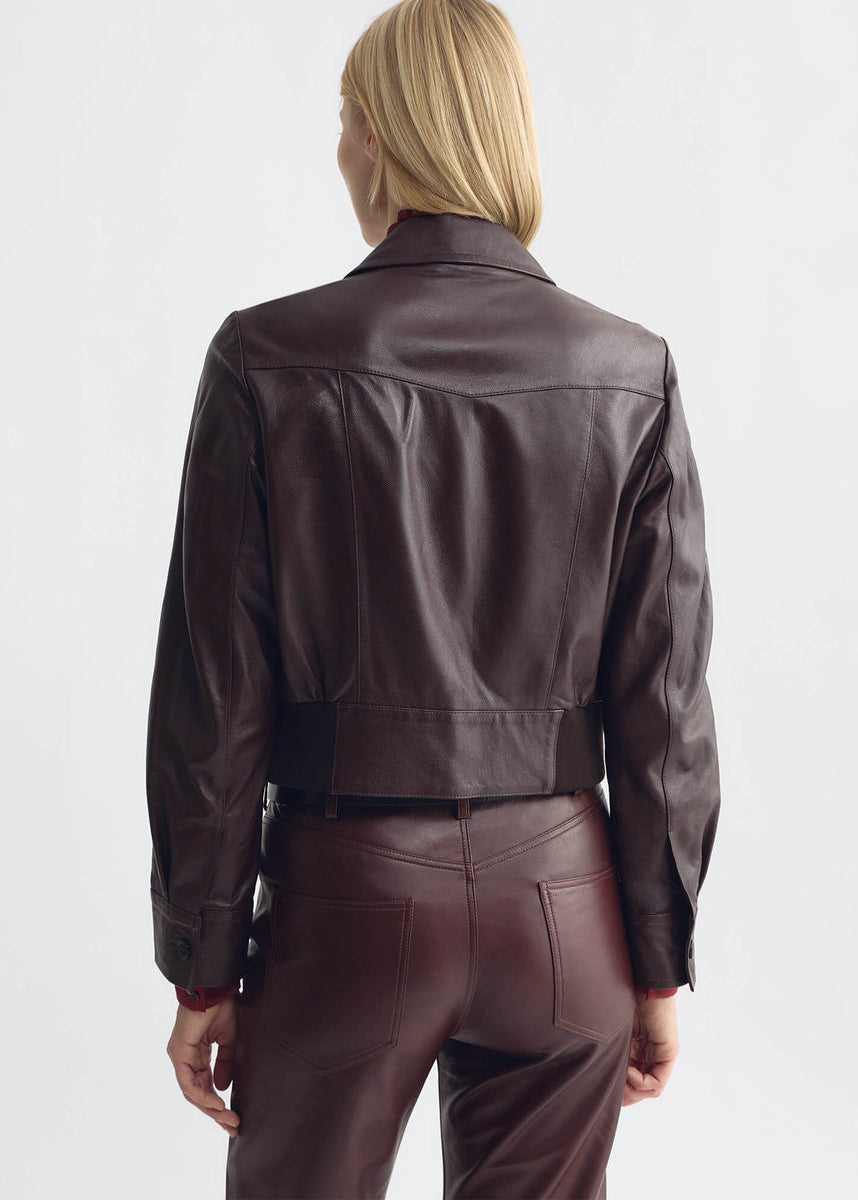 person wearing Nili lotan womens Charly Leather Jacket bordeaux