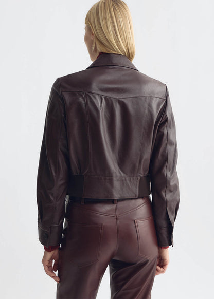 person wearing Nili lotan womens Charly Leather Jacket bordeaux
