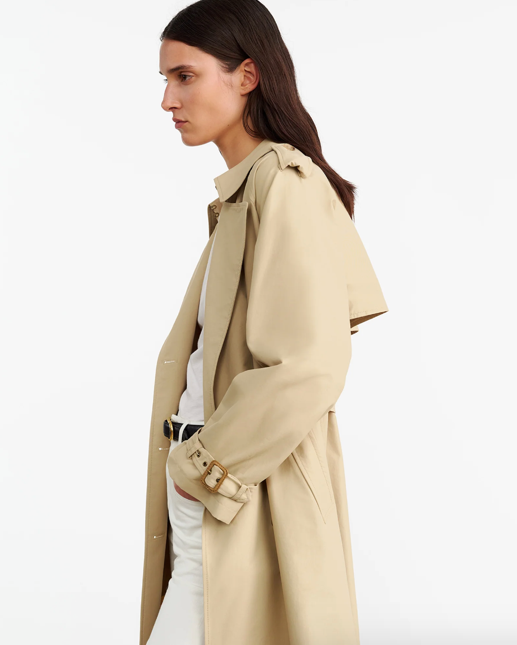 Person wearing Nili Lotan Cotton Nylon Tanner Trench Coat in Khaki