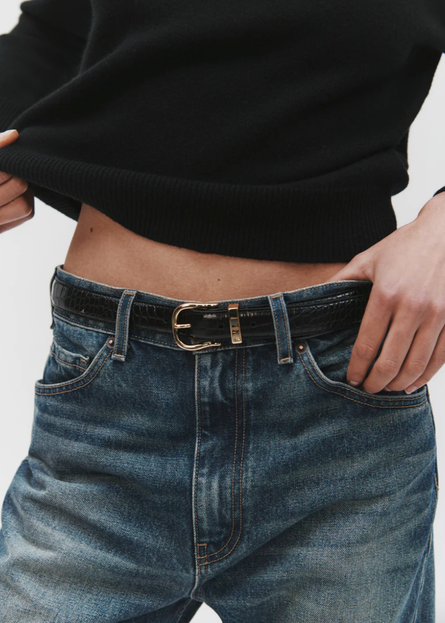 Person wearing Nili Lotan Louise Belt in Black Embossed Croc