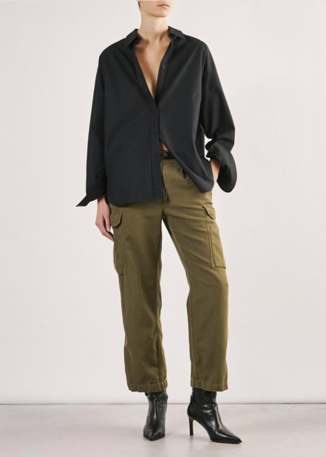 Person wearing Nili Lotan Mael Oversized Shirt in Black