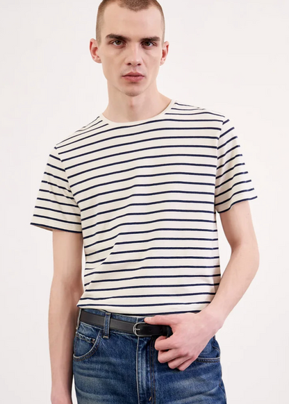 Person wearing Nili Lotan Mens Pierre Tee in Ivory and Navy Stripe