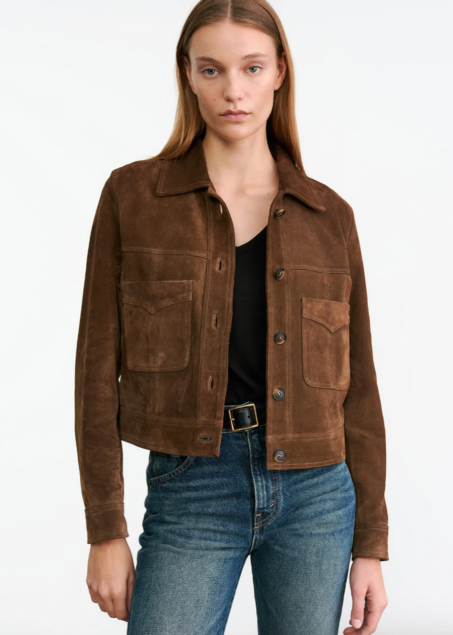 Person wearing Nili Lotan Susannah Suede Jacket Hazelnut