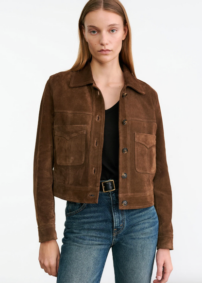 Person wearing Nili Lotan Susannah Suede Jacket Hazelnut
