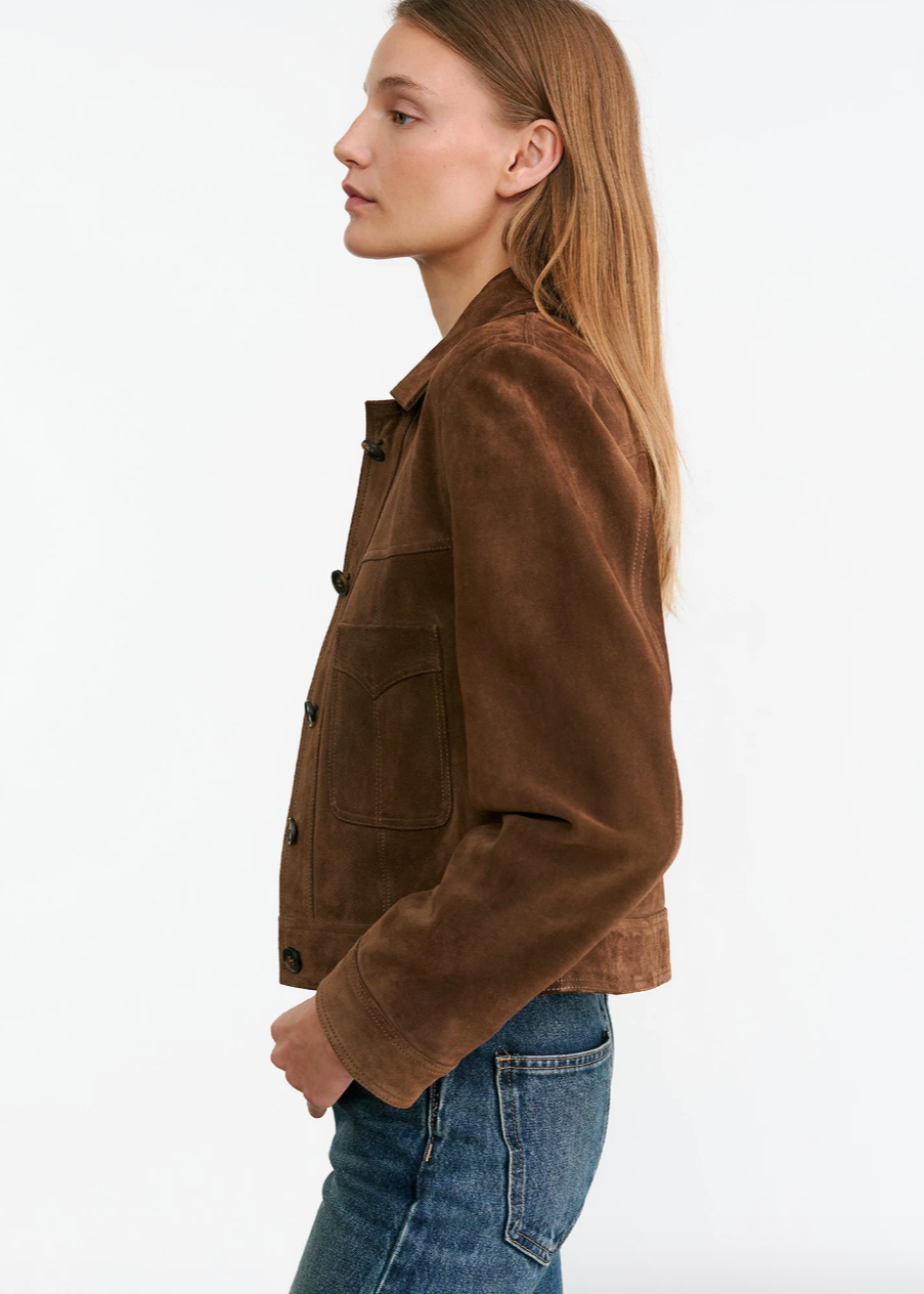 Person wearing Nili Lotan Susannah Suede Jacket Hazelnut