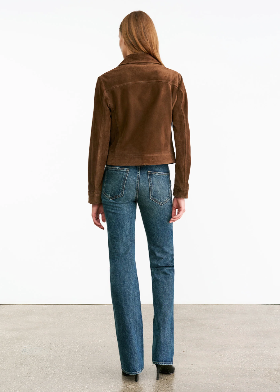 Person wearing Nili Lotan Susannah Suede Jacket Hazelnut