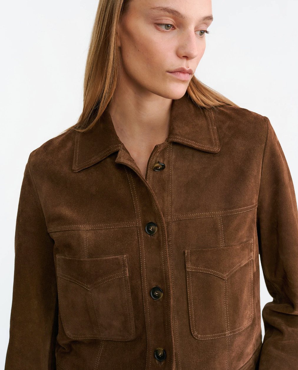 Person wearing Nili Lotan Susannah Suede Jacket Hazelnut