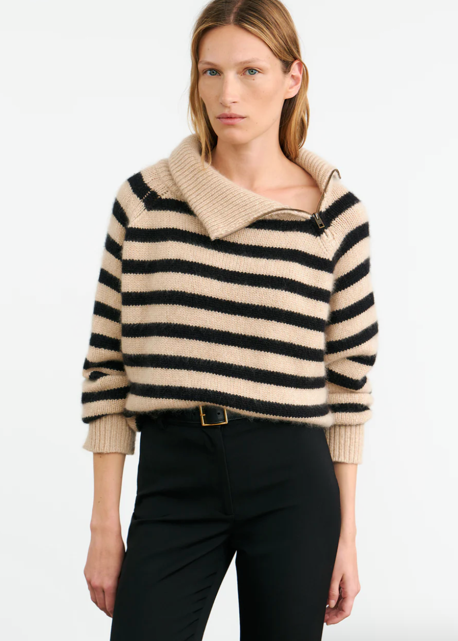 Person wearing Nili Lotan Womens Striped Raelynn Cashmere Sweater