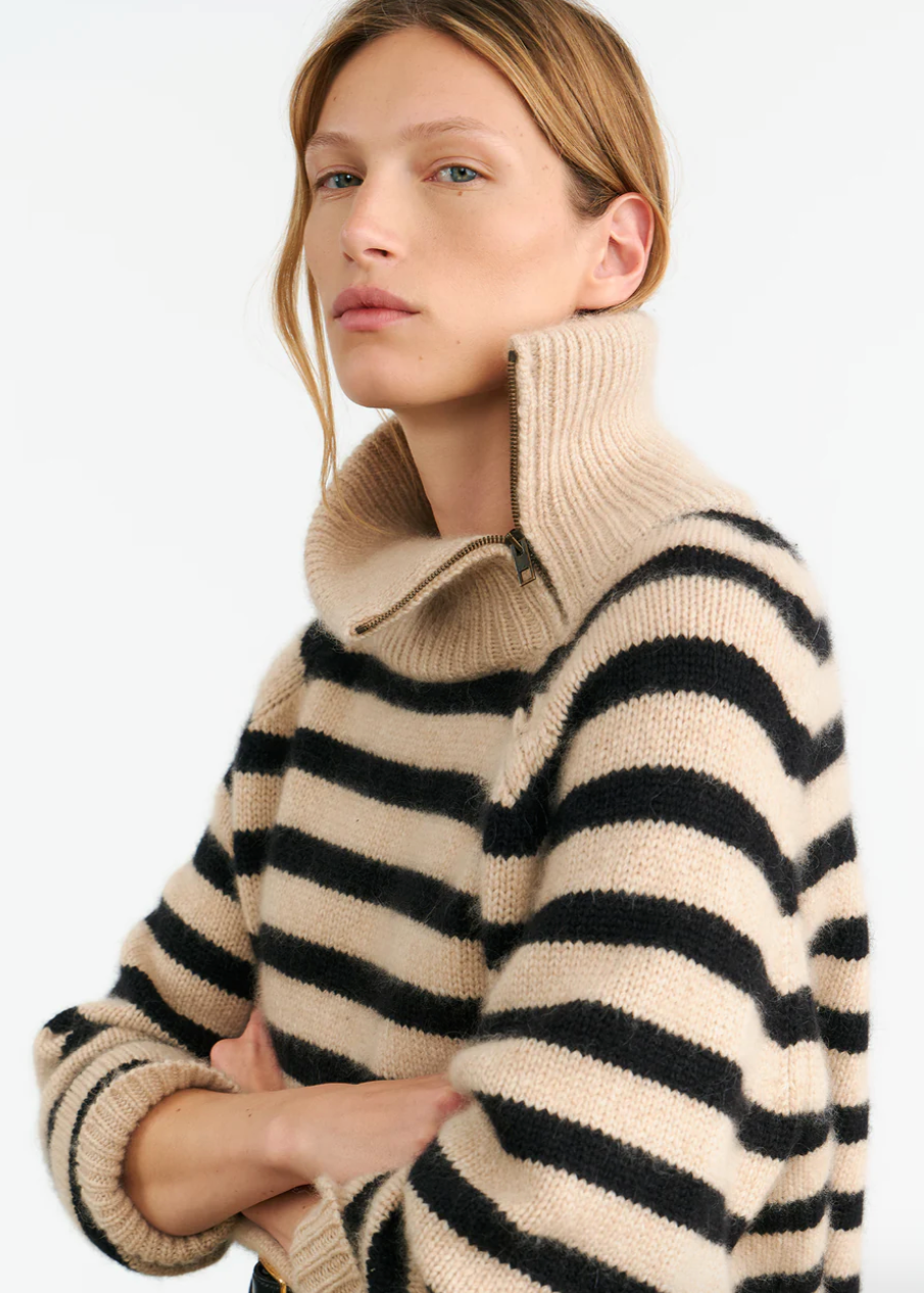 Person wearing Nili Lotan Womens Striped Raelynn Cashmere Sweater