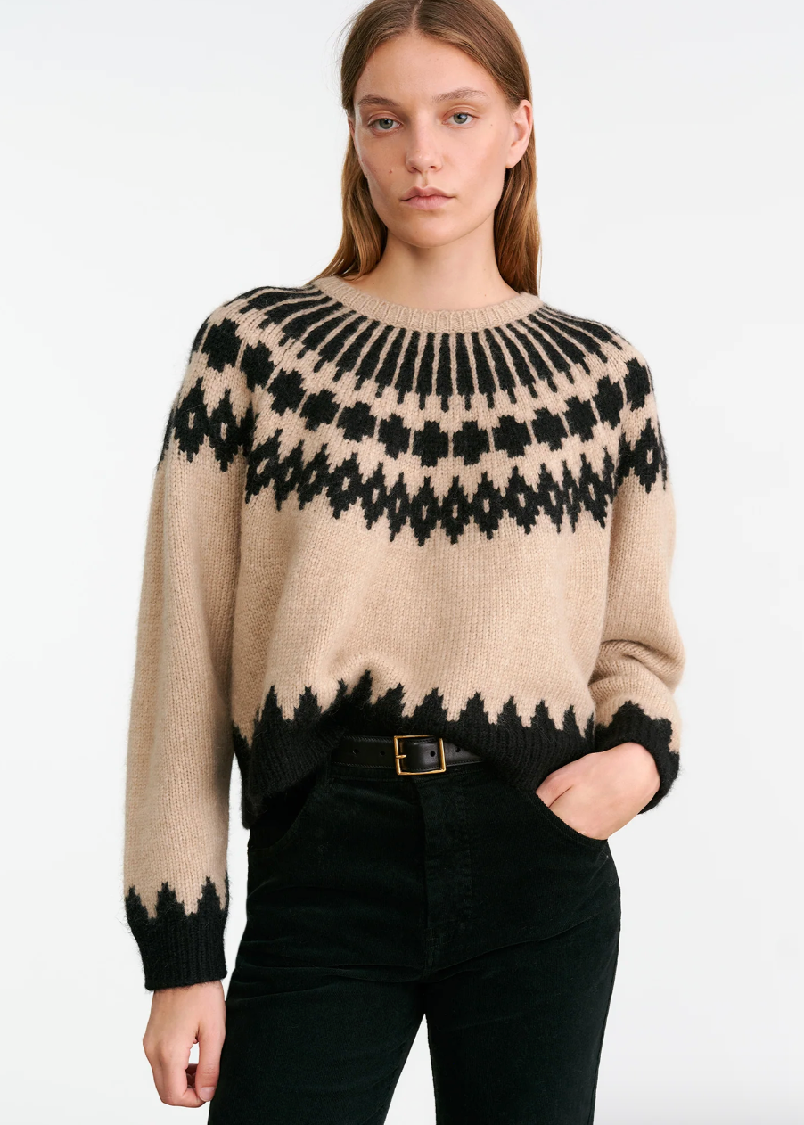 Person wearing Nili Lotan womens Alena Sweater Fair Isle Beige