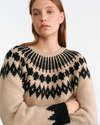 Person wearing Nili Lotan womens Alena Sweater Fair Isle Beige