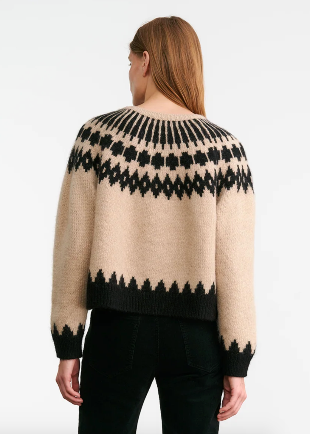 Person wearing Nili Lotan womens Alena Sweater Fair Isle Beige