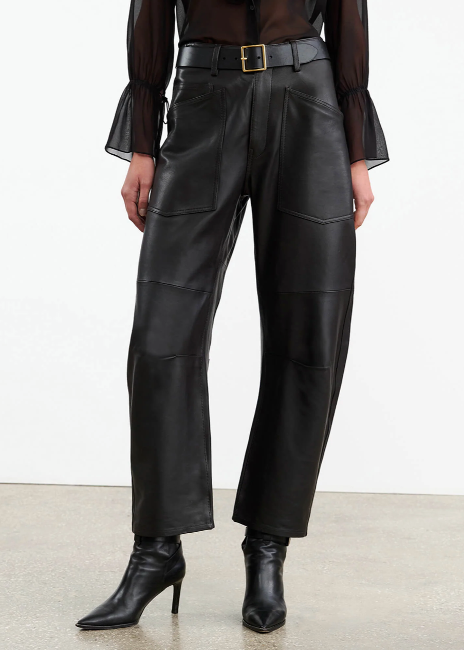 Person wearing Nili Lotan womens Shon Leather Pant Black