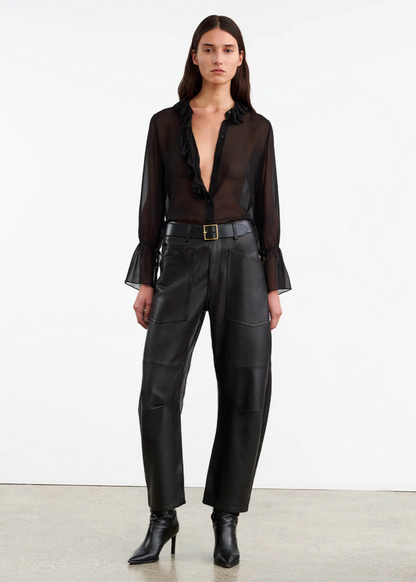 Person wearing Nili Lotan womens Shon Leather Pant Black