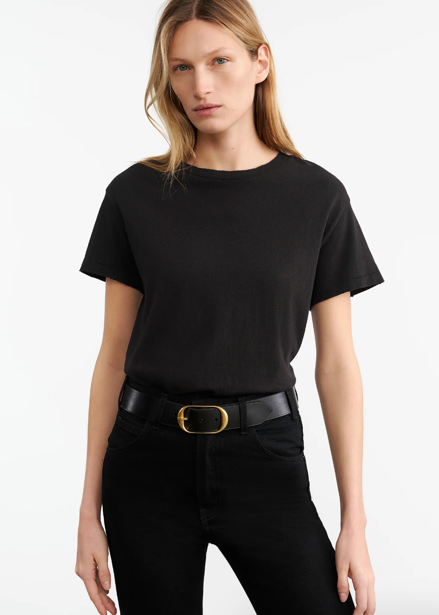 Person wearing Nili Lotan womens cotton Brady Tee in Black